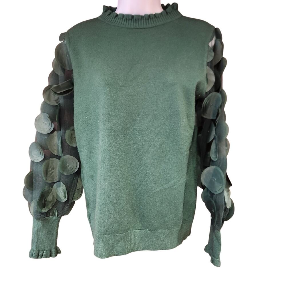 Sioni Milano Green Frill High Neck‎ Sweater With Embellished Mesh Sleeves Sz M
